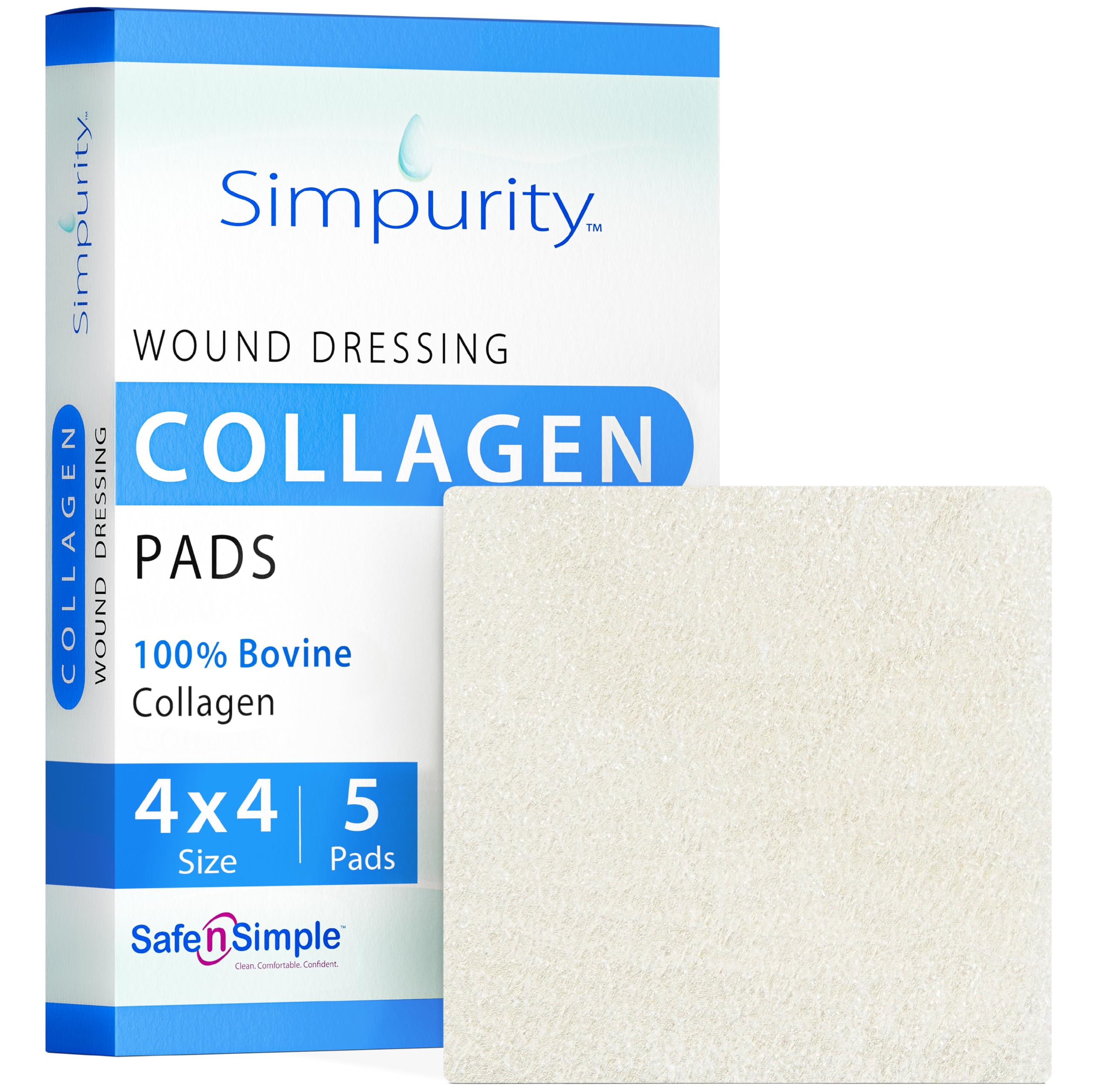 Simpurity collagen dressing pads 4x4 inch offer non-adherent wound coverage.