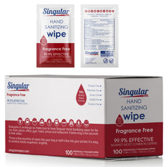 Singular Wipes travel-size hand sanitizing wipes in a 100-count pack for on-the-go cleaning.