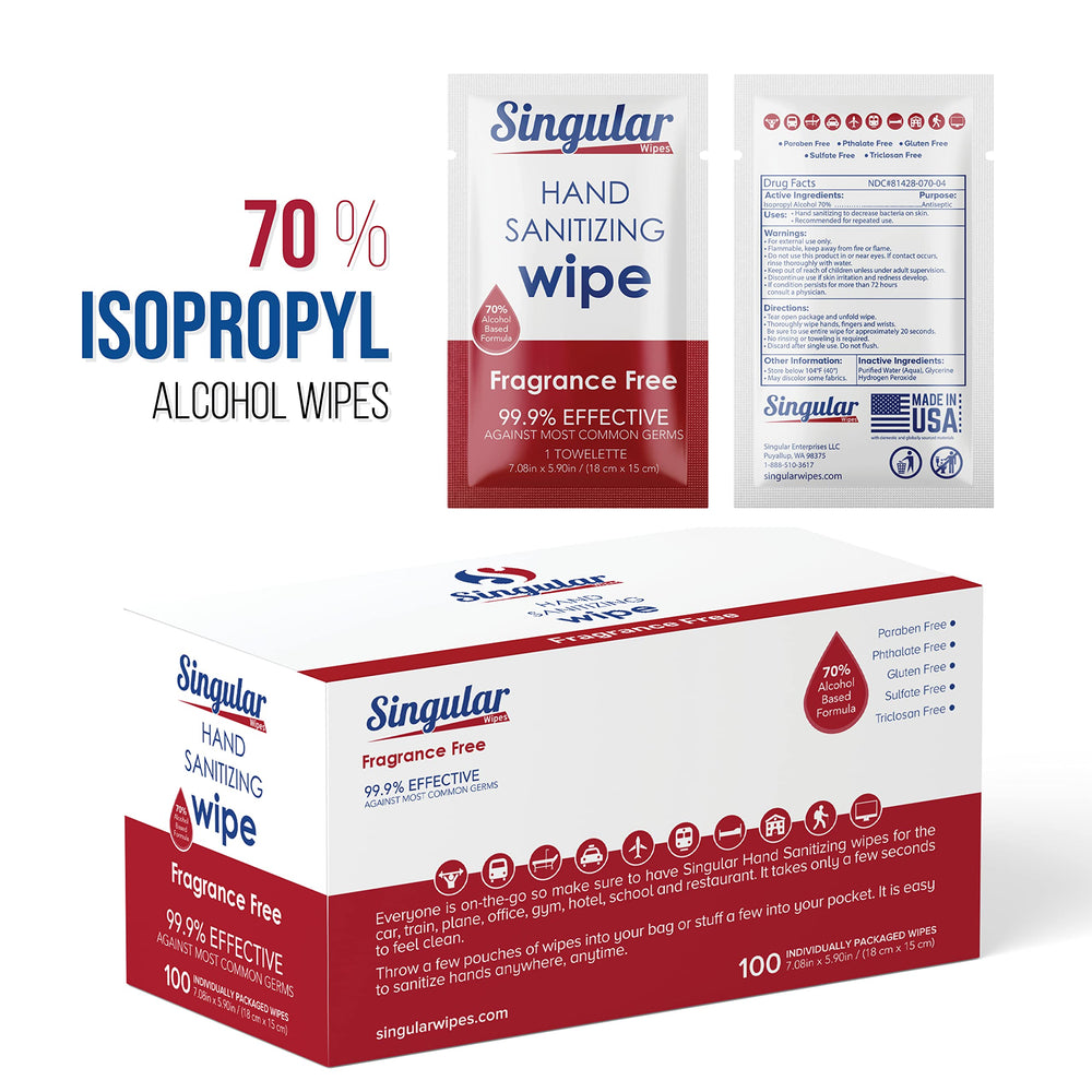 Individually wrapped Singular Wipes for tidy portability and quick use anywhere.