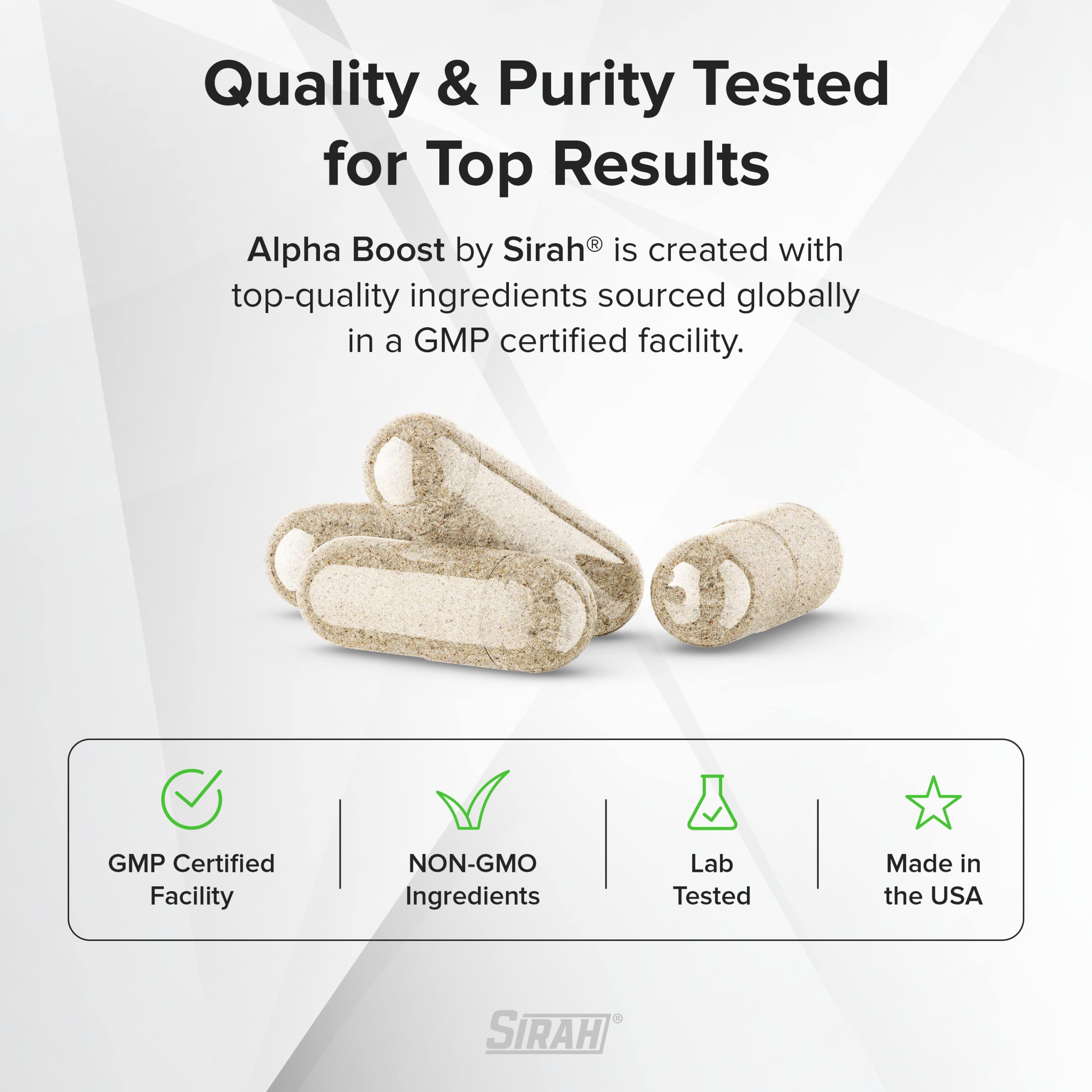 Sirah Testosterone Booster packaging image showing easy-to-take pills.
