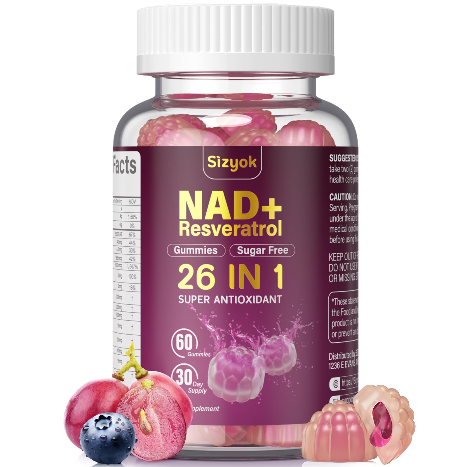 Sizyok NAD Resveratrol Gummies bottle showing label and sugar-free design for daily antioxidant support