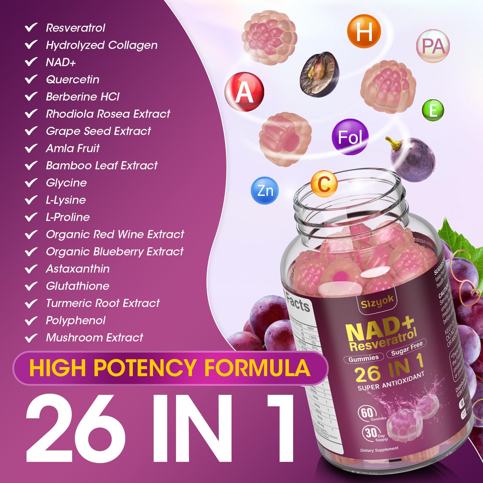 Sizyok NAD Resveratrol Gummies label with key ingredients and serving info for trust