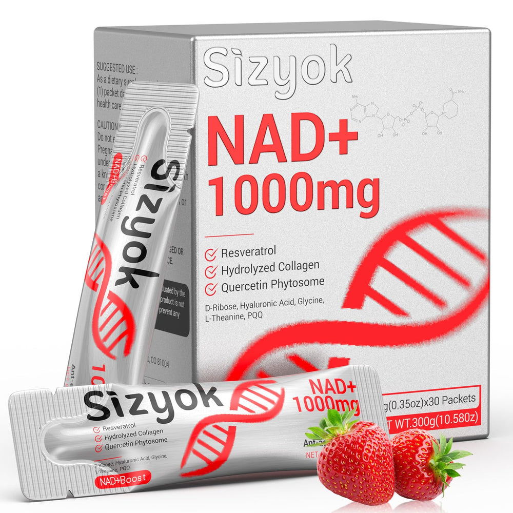 Sizyok NAD+ Liquid 1000mg bottle pouring for rapid absorption and energy support.
