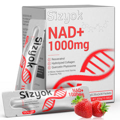 Sizyok NAD+ Liquid 1000mg bottle pouring for rapid absorption and energy support.