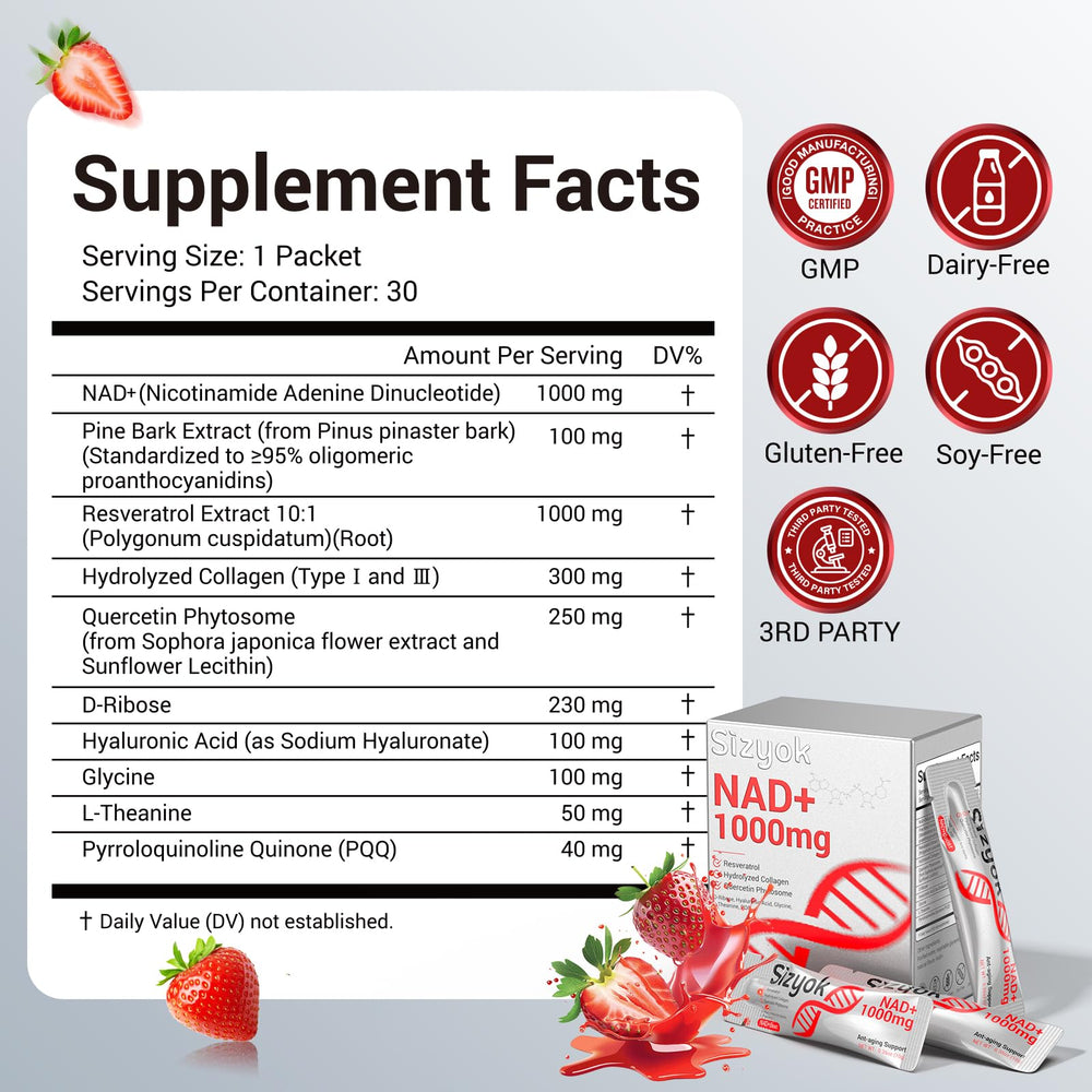 Sizyok NAD+ Liquid bottle close-up highlighting precise daily dosage.