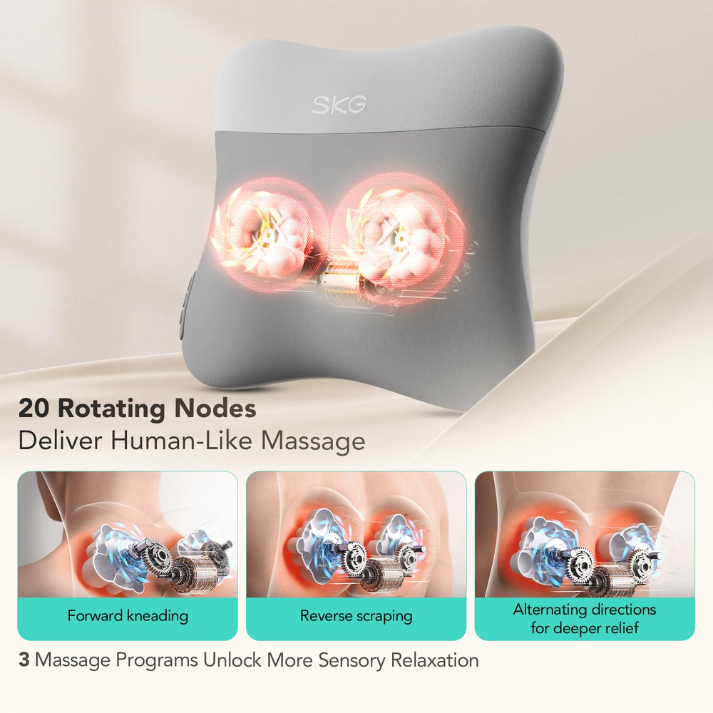 SKG cordless massager with dynamic nodes delivers deep kneading for tense upper back