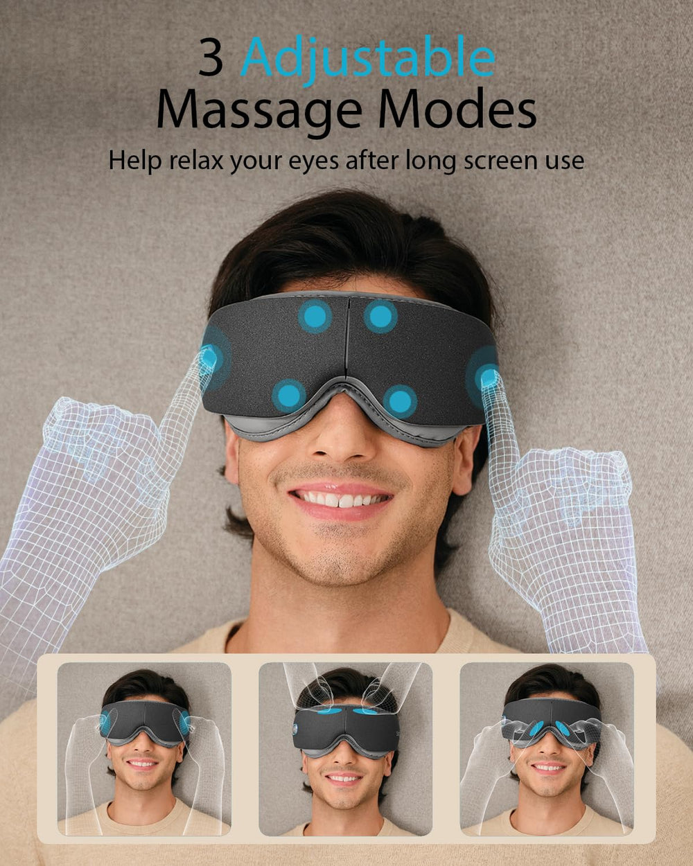 SKG eye massager full blackout fit with contoured pads and secure strap