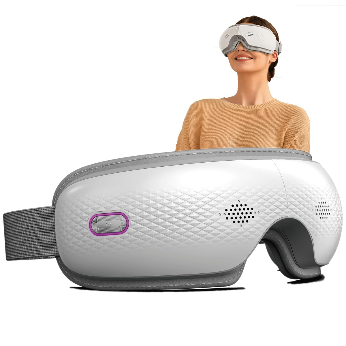 SKG Eye Massager with heat and music front view for soothing relaxation during breaks.
