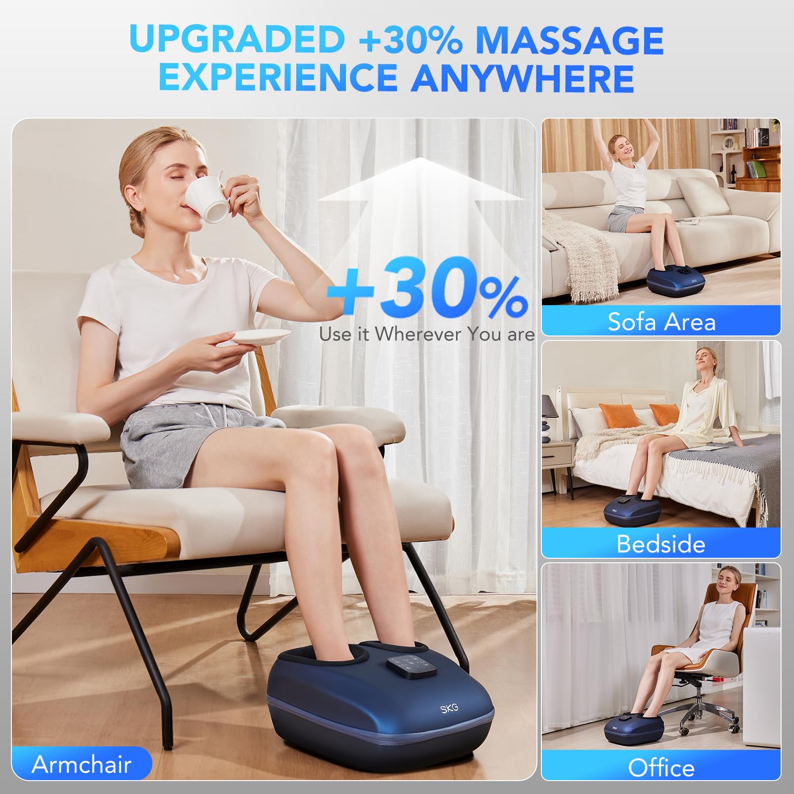 SKG foot massager heat function delivers soothing warmth for tired feet.