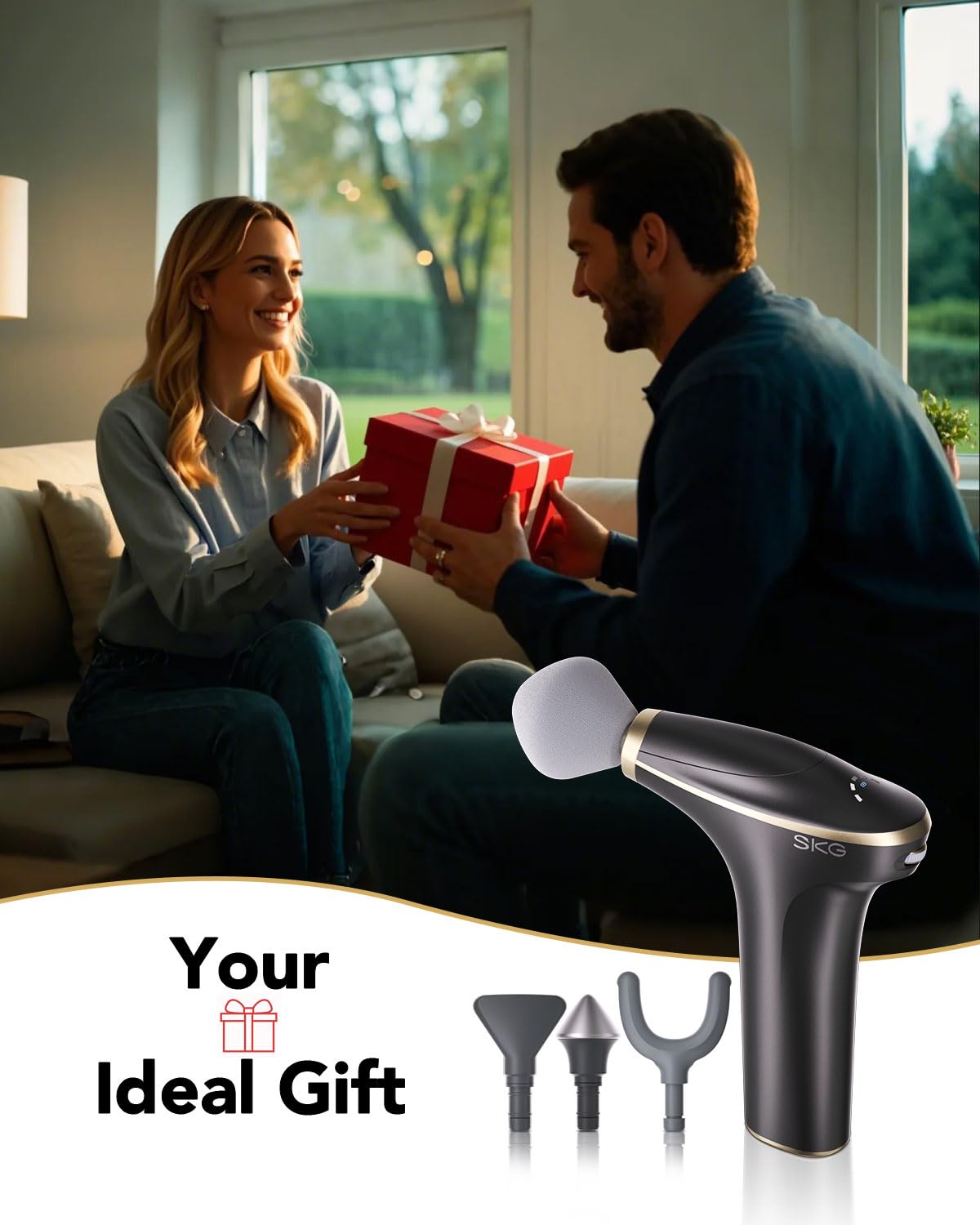 Flat head on SKG Massage Gun covers broad muscle areas effectively