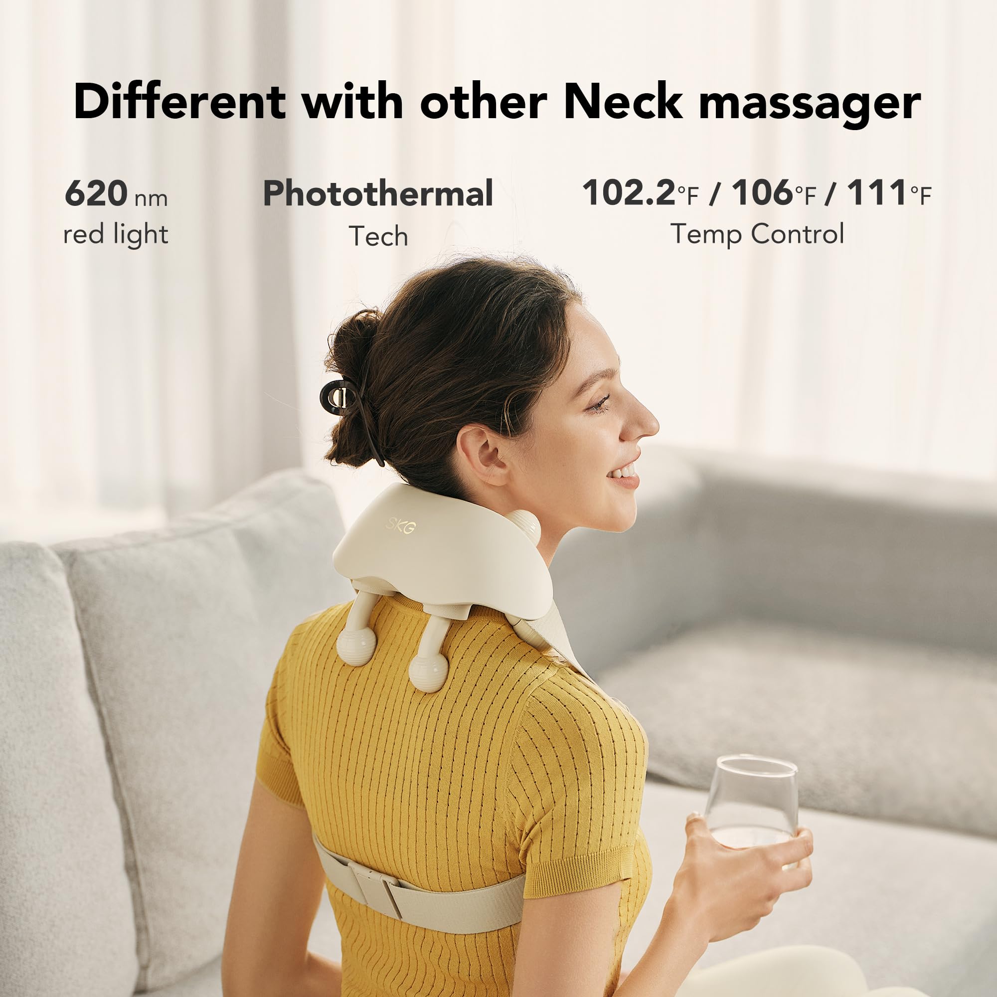 SKG neck massager provides dual fastening options for secure fit at home.