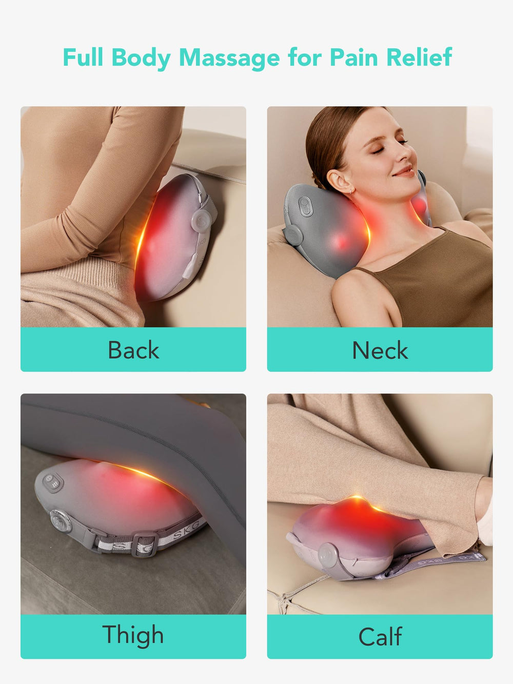 SKG Shiatsu Back Massager USB-C rechargeable battery for quick power.