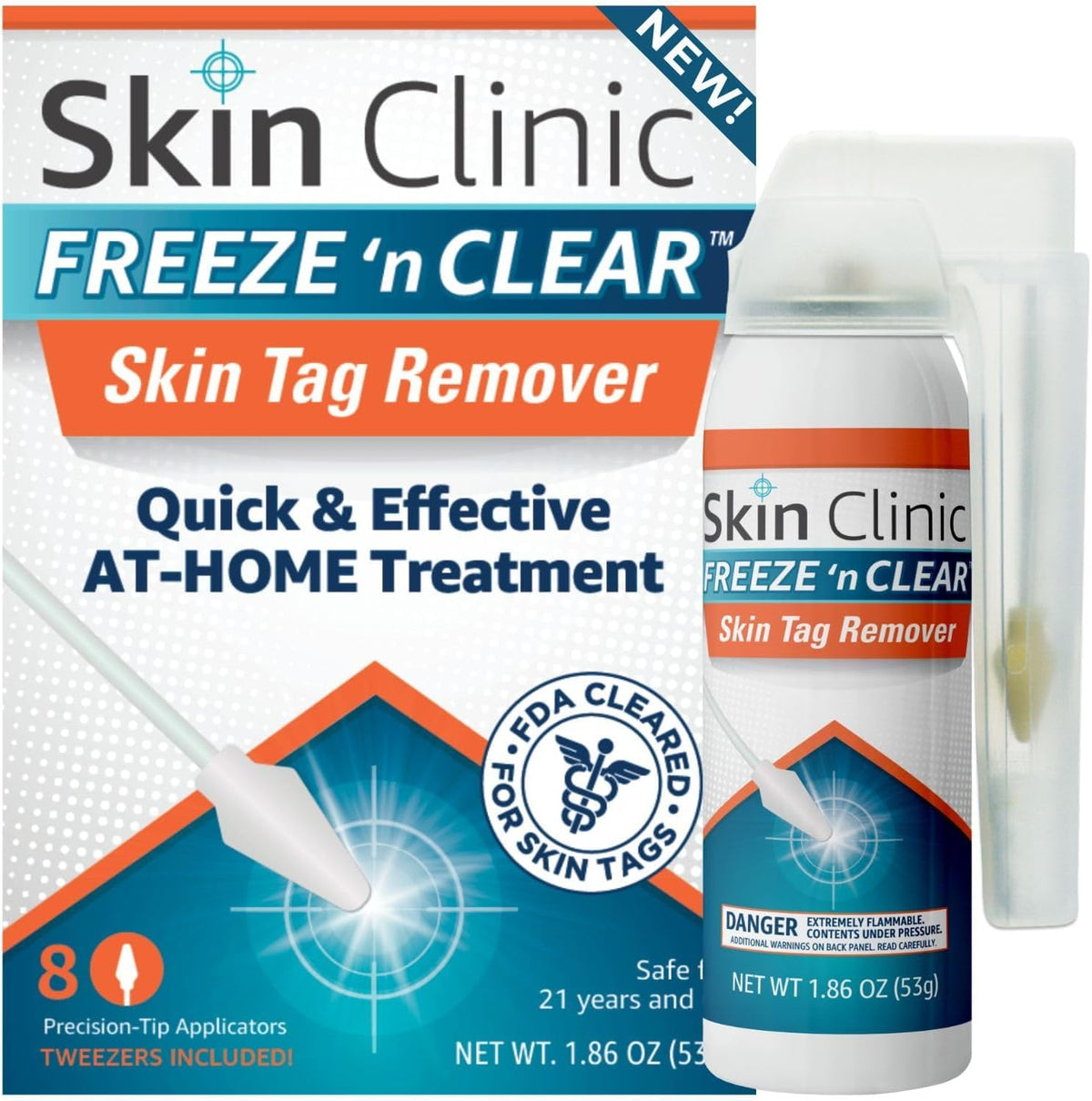 Skin Clinic Freeze 'n Clear bottle ready for at-home skin tag treatment.