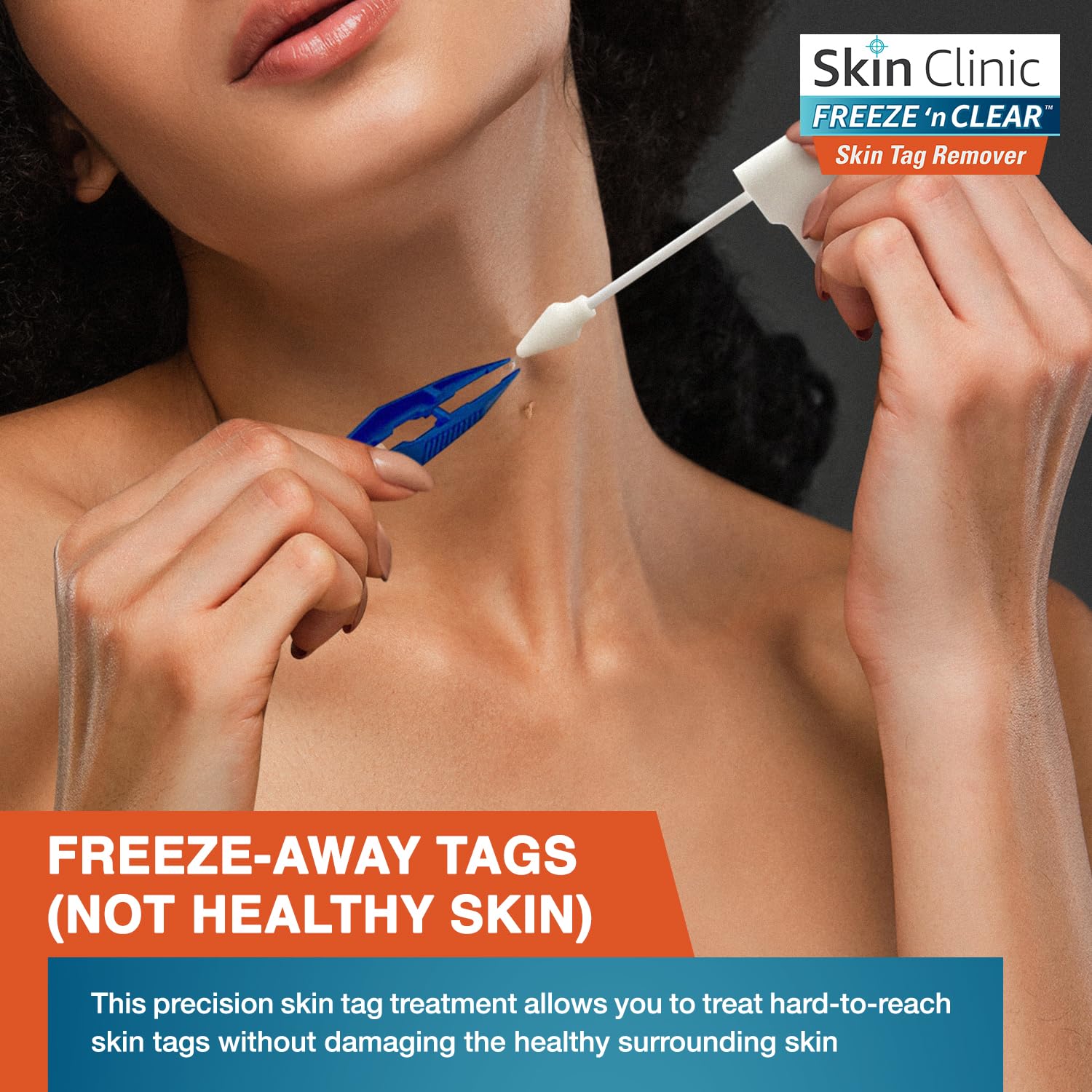 Skin Clinic Freeze 'n Clear tweezers for gentle tag handling.