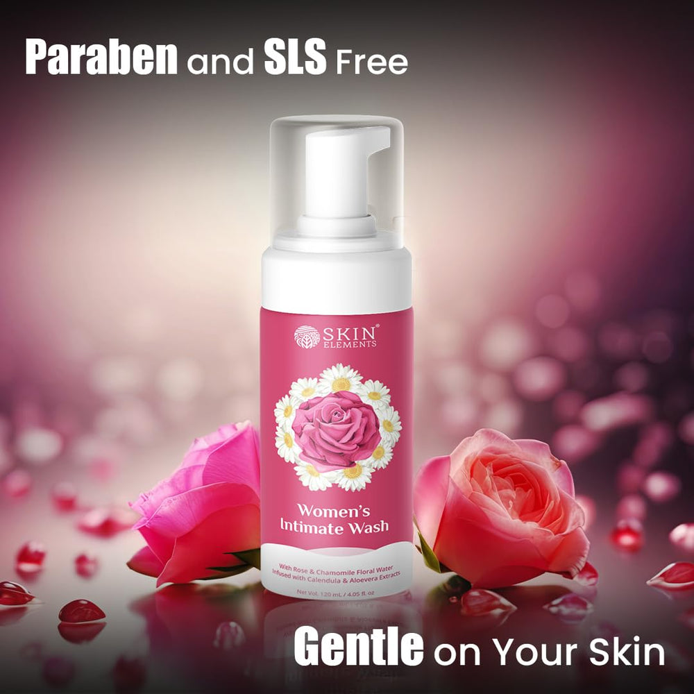 Skin Elements Intimate Wash bottle highlights tea tree oil for gentle odor control.