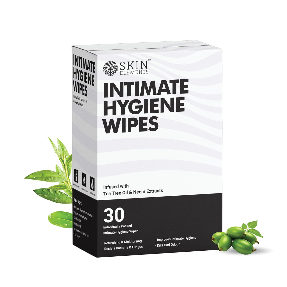 Skin Elements Intimate Wipes bottle with tea tree oil for on-the-go freshness