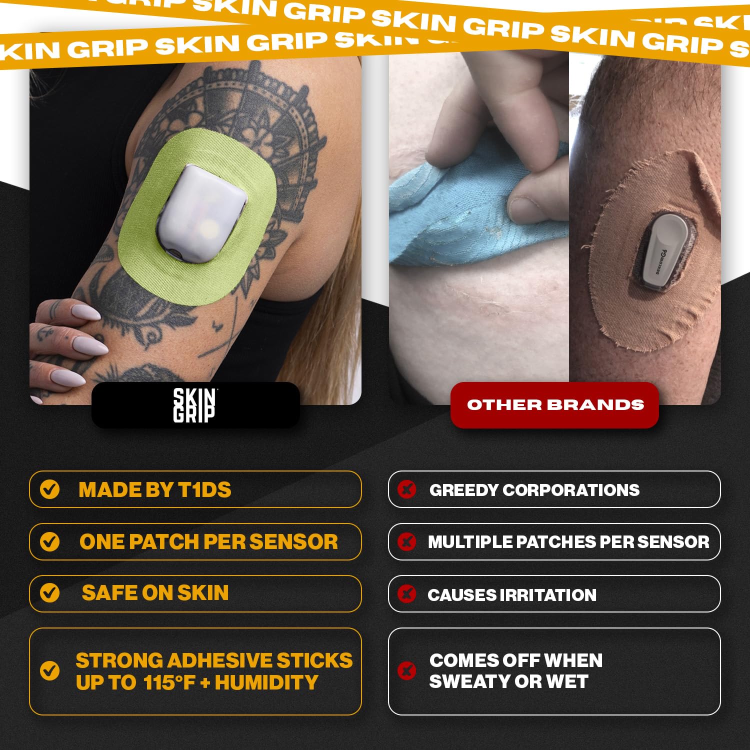 Skin Grip 4-way stretch patch aids easy application and secure fit.