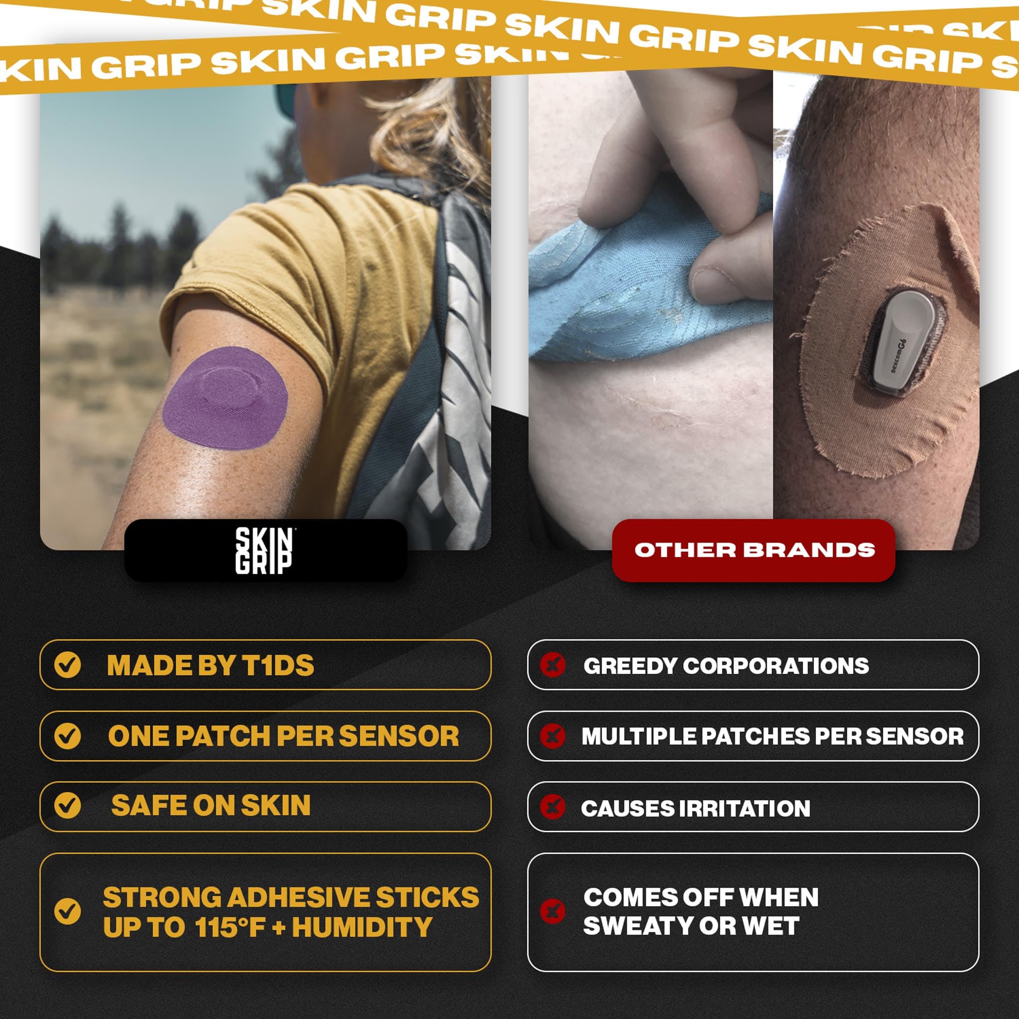 4-way stretch Skin Grip patch conforms to the skin