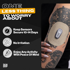 Skin Grip 4-way stretch design demonstrates flexible, snug fit over Dexcom patch