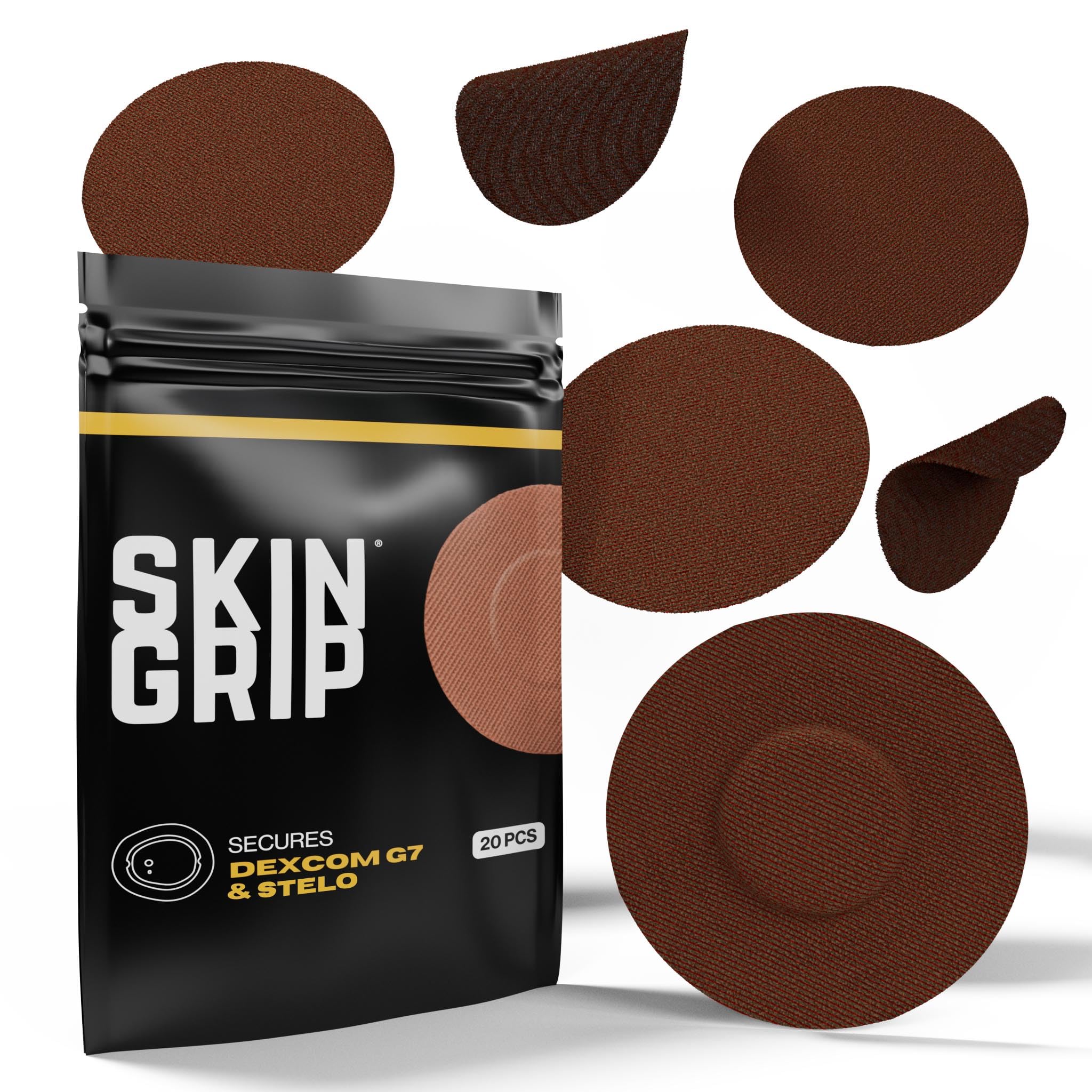 Skin Grip adhesive patches securely hold a Dexcom G7 sensor in place for extended wear.