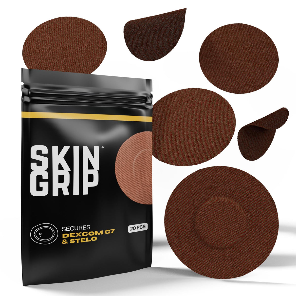 Skin Grip adhesive patches securely hold a Dexcom G7 sensor in place for extended wear.
