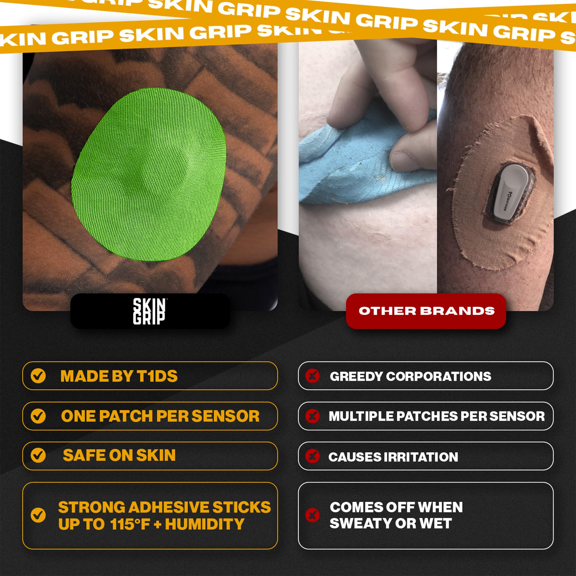 Skin Grip breathable medical-grade adhesive close-up highlights skin-friendly comfort.