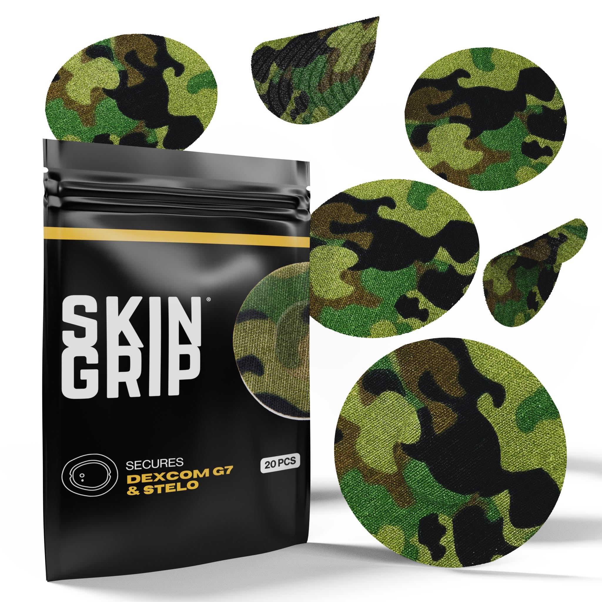 Skin Grip camo patch on skin secures the Dexcom G7 for extended wear.
