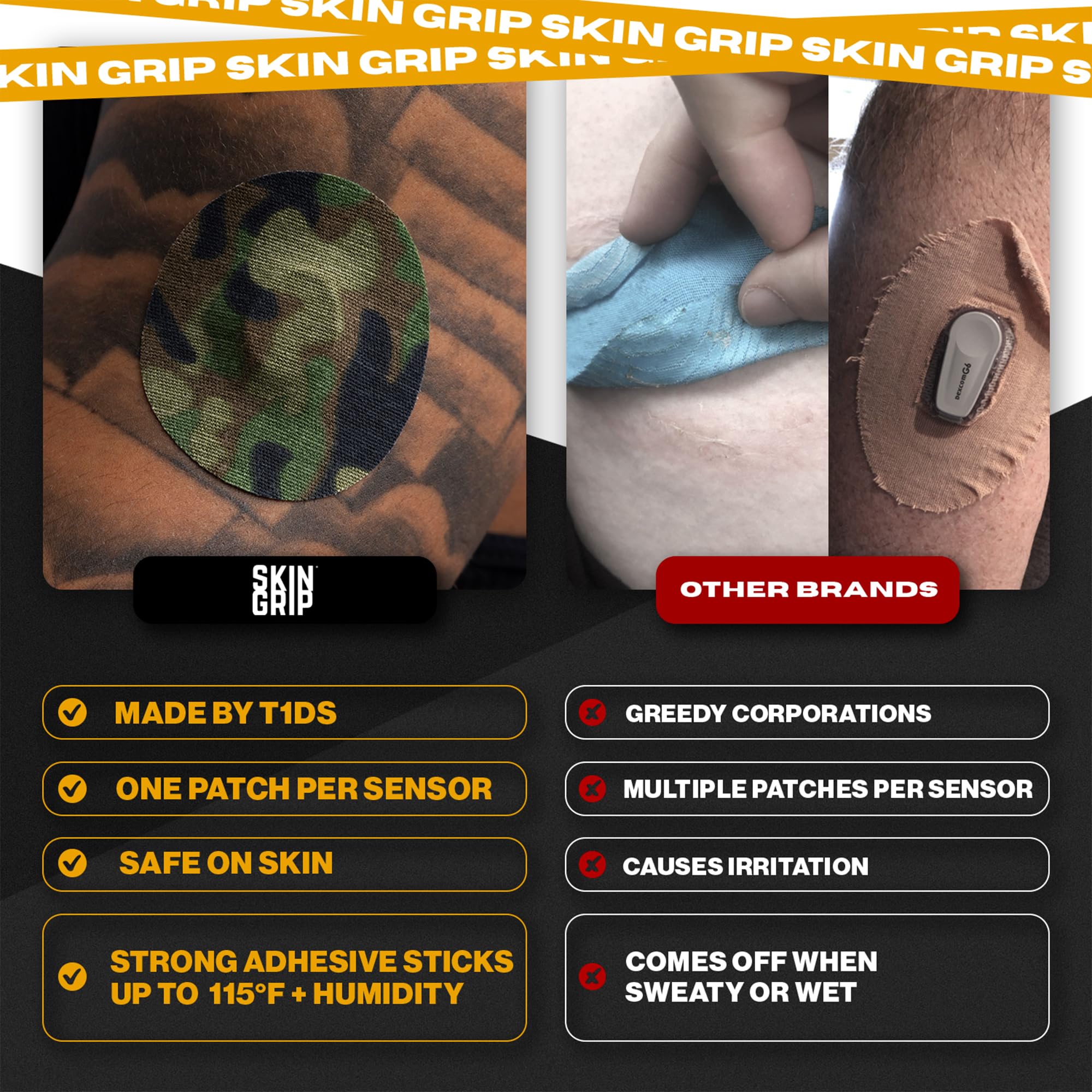 Easy-apply Skin Grip patch enables quick, secure CGM attachment.