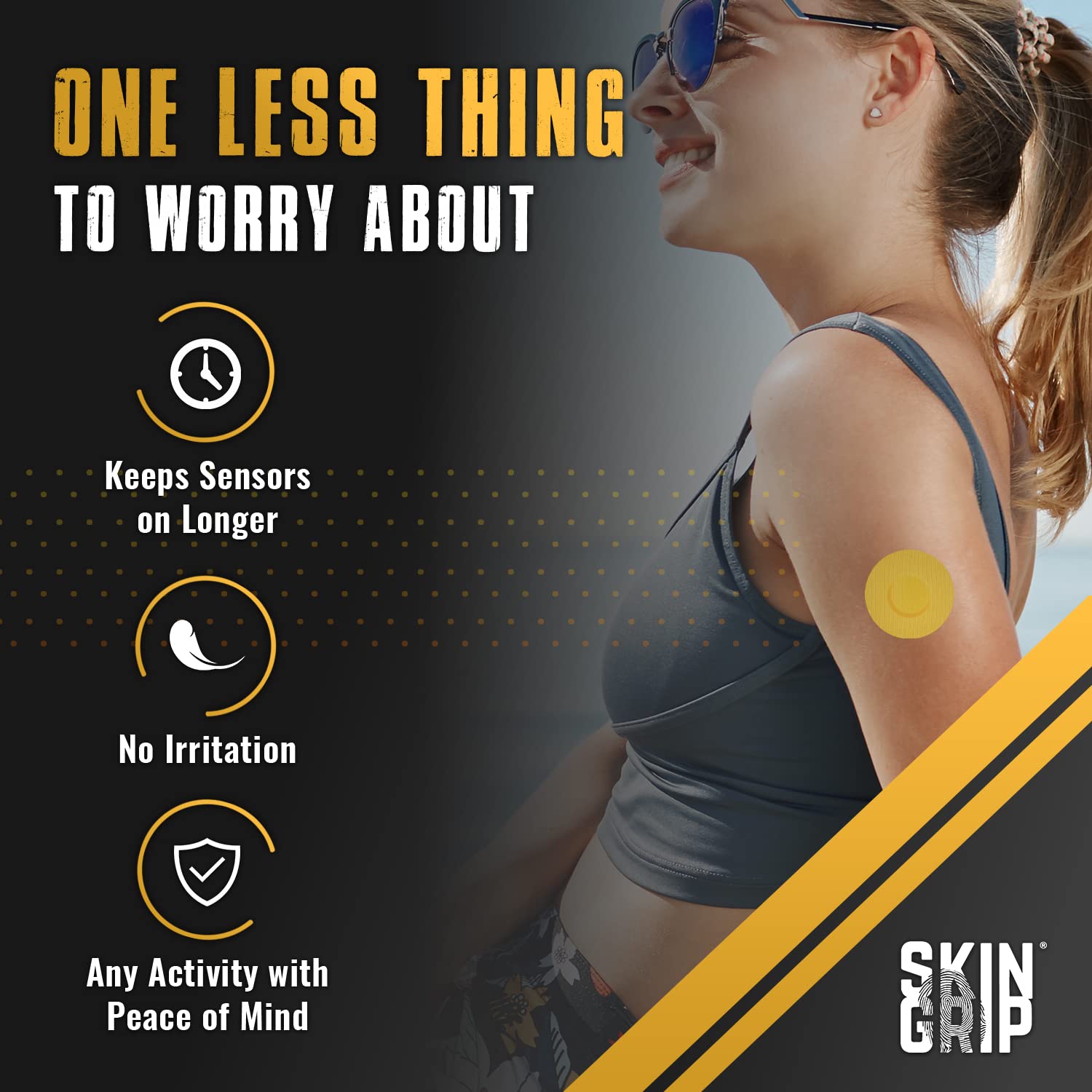 Skin Grip CGM patch offers 4-way stretch for comfortable wear.