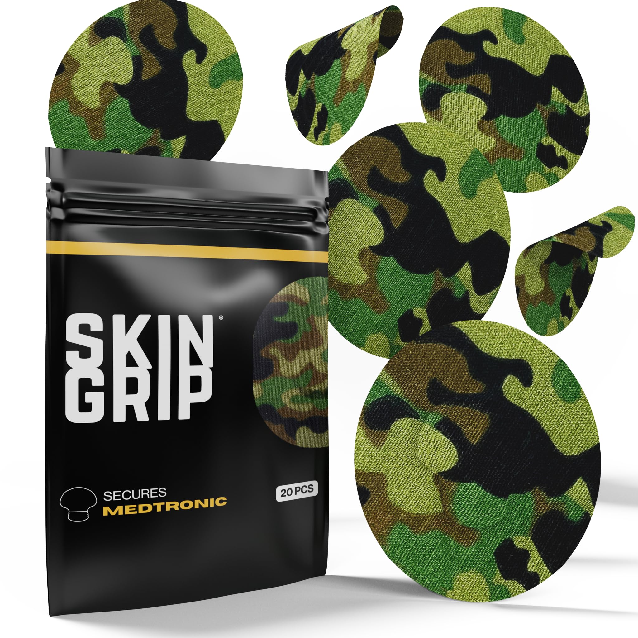 Skin Grip CGM patch on arm wearing camouflage for secure, discreet wear.