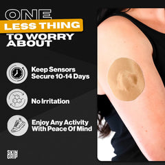 Skin Grip CGM Patch breathable latex-free adhesive reduces skin irritation.