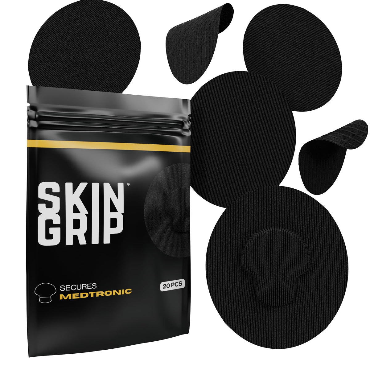Skin Grip CGM patch overview showing secure compatibility with Medtronic Guardian.