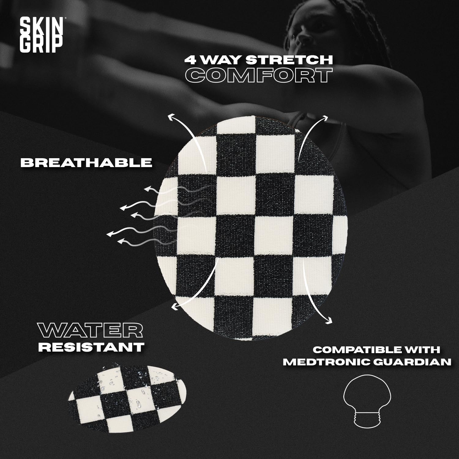 Skin Grip CGM patch remains sweatproof during workouts for continuous monitoring.