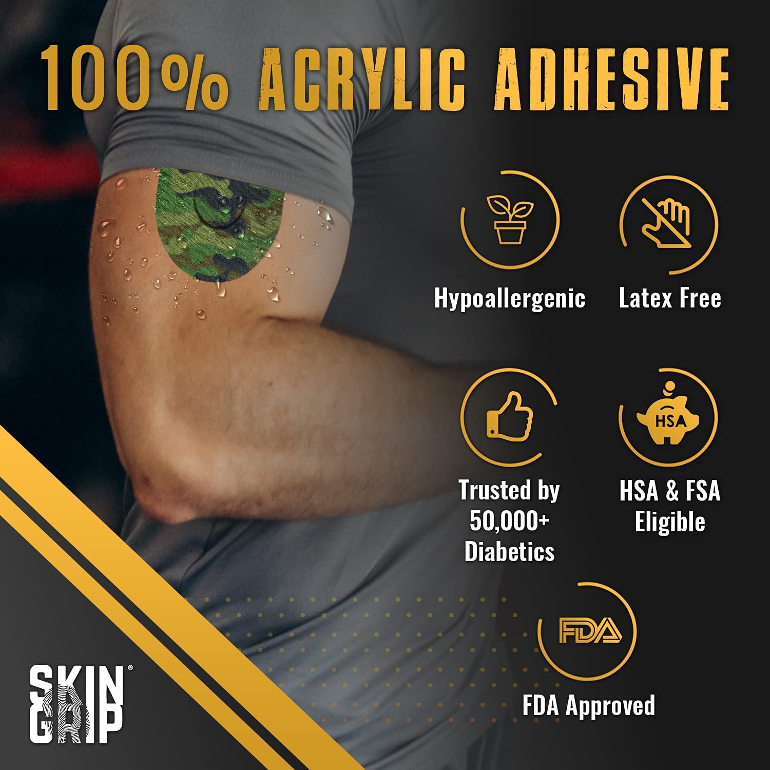 Skin Grip CGM patch close-up shows waterproof adhesive for shower or swim.