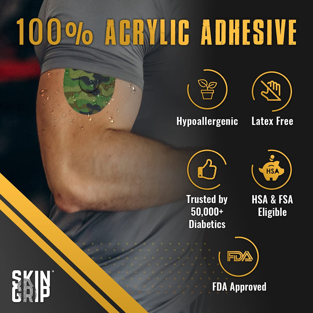 Skin Grip CGM patch close-up shows waterproof adhesive for shower or swim.