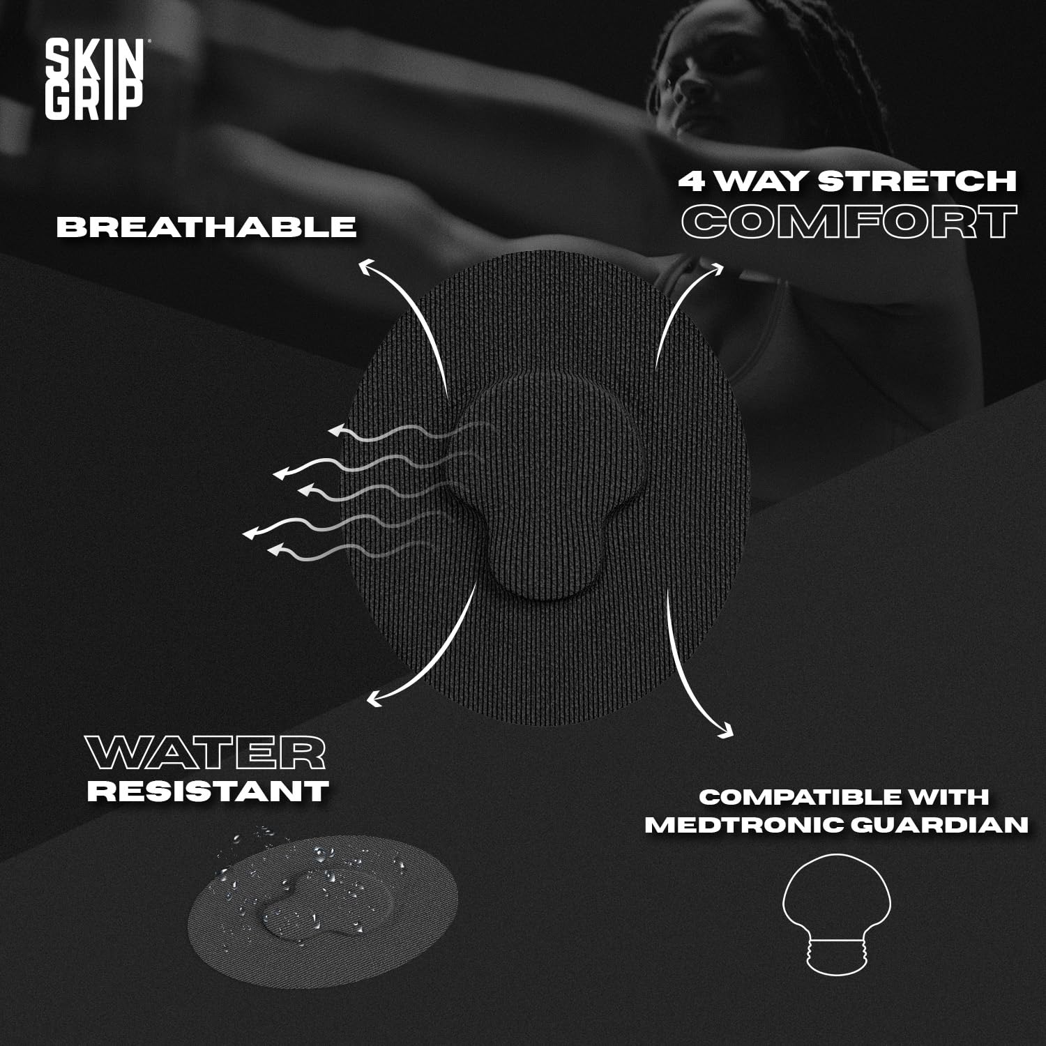 Close-up of waterproof patch ensuring the sensor stays on during showers.