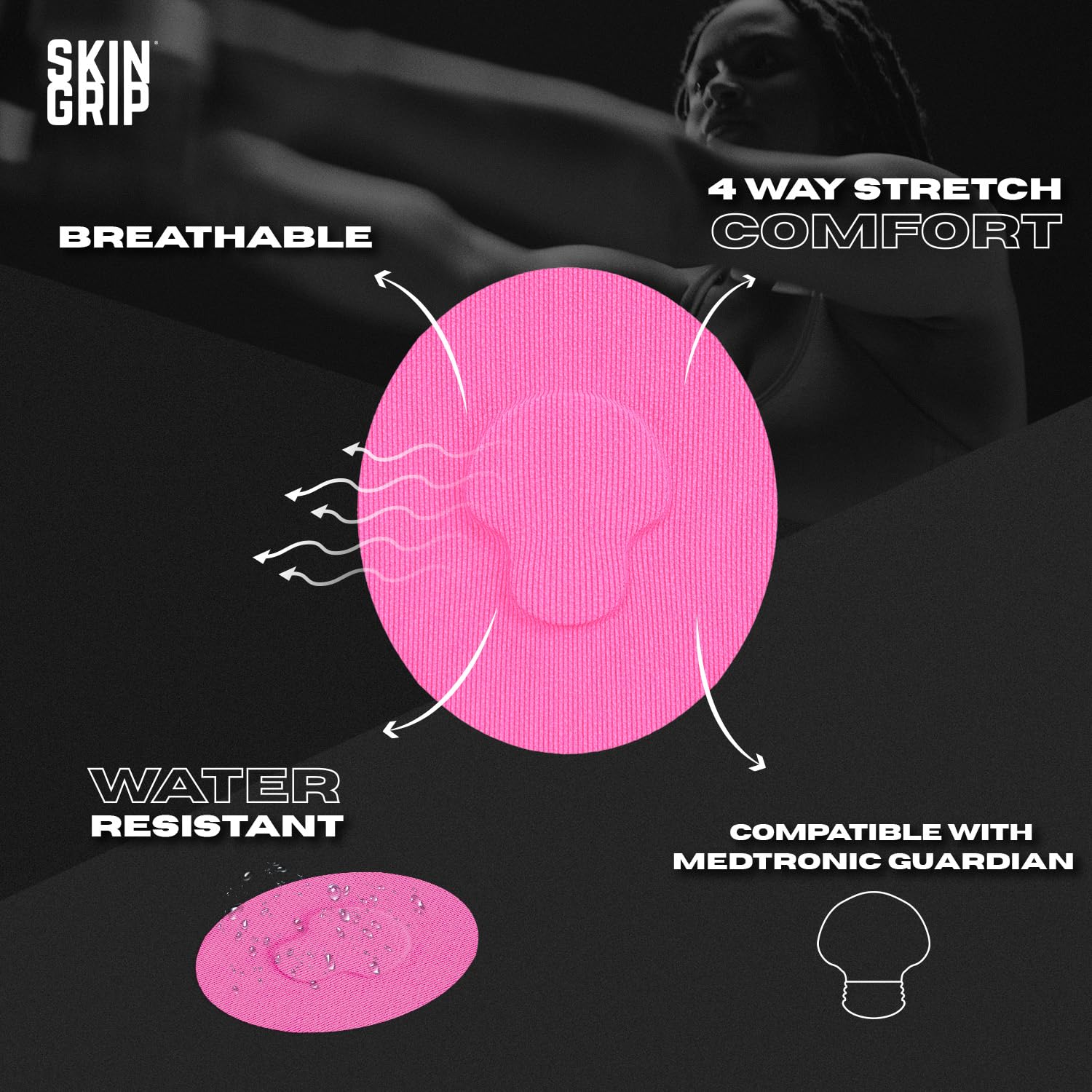Skin Grip patch waterproof and sweatproof, ideal for workouts and showers.