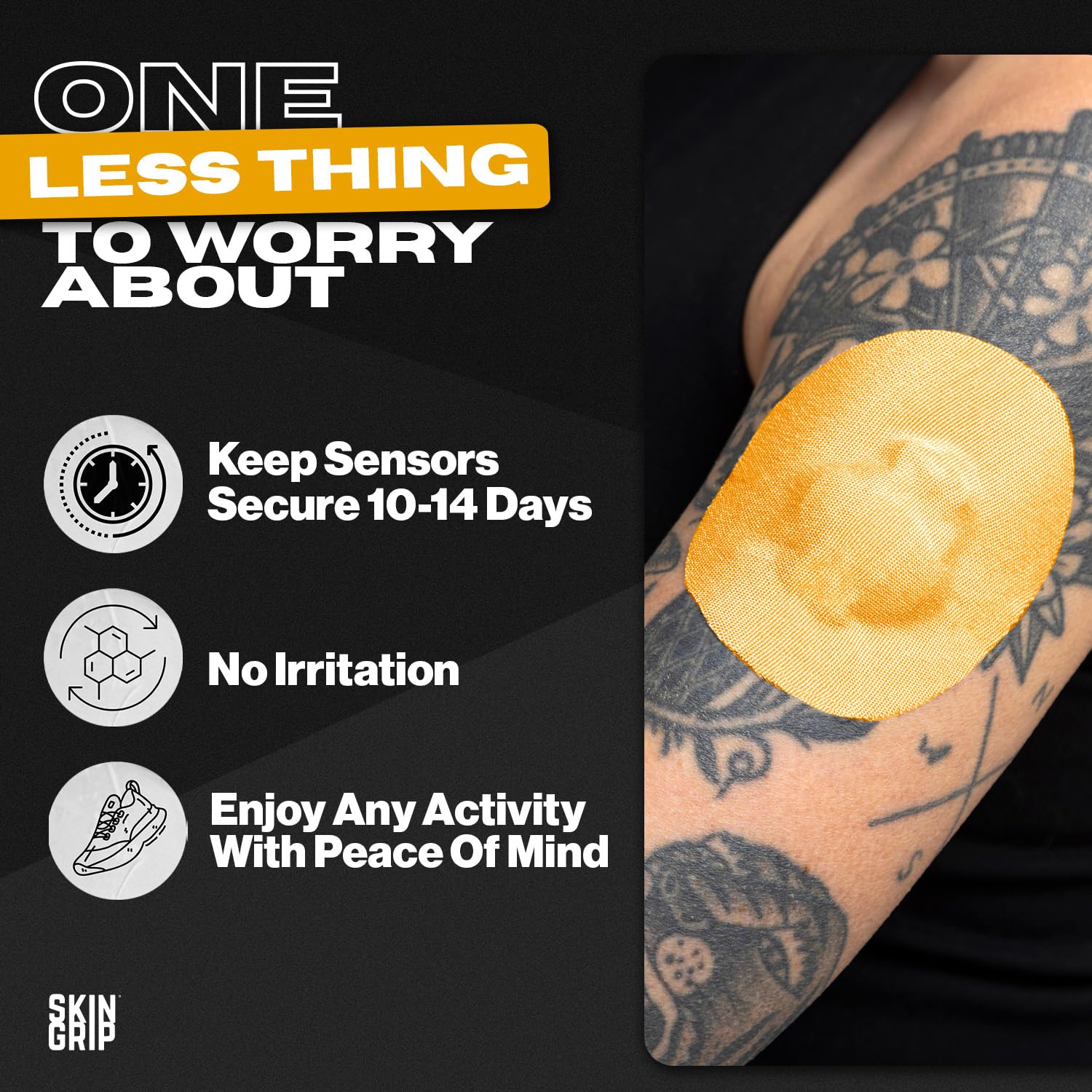 4-way stretch design enables flexible wear with activity for Skin Grip CGM patches.