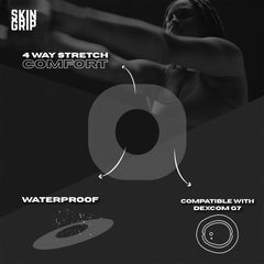Skin Grip patch on Dexcom G7, clear waterproof cover for showers and swims.