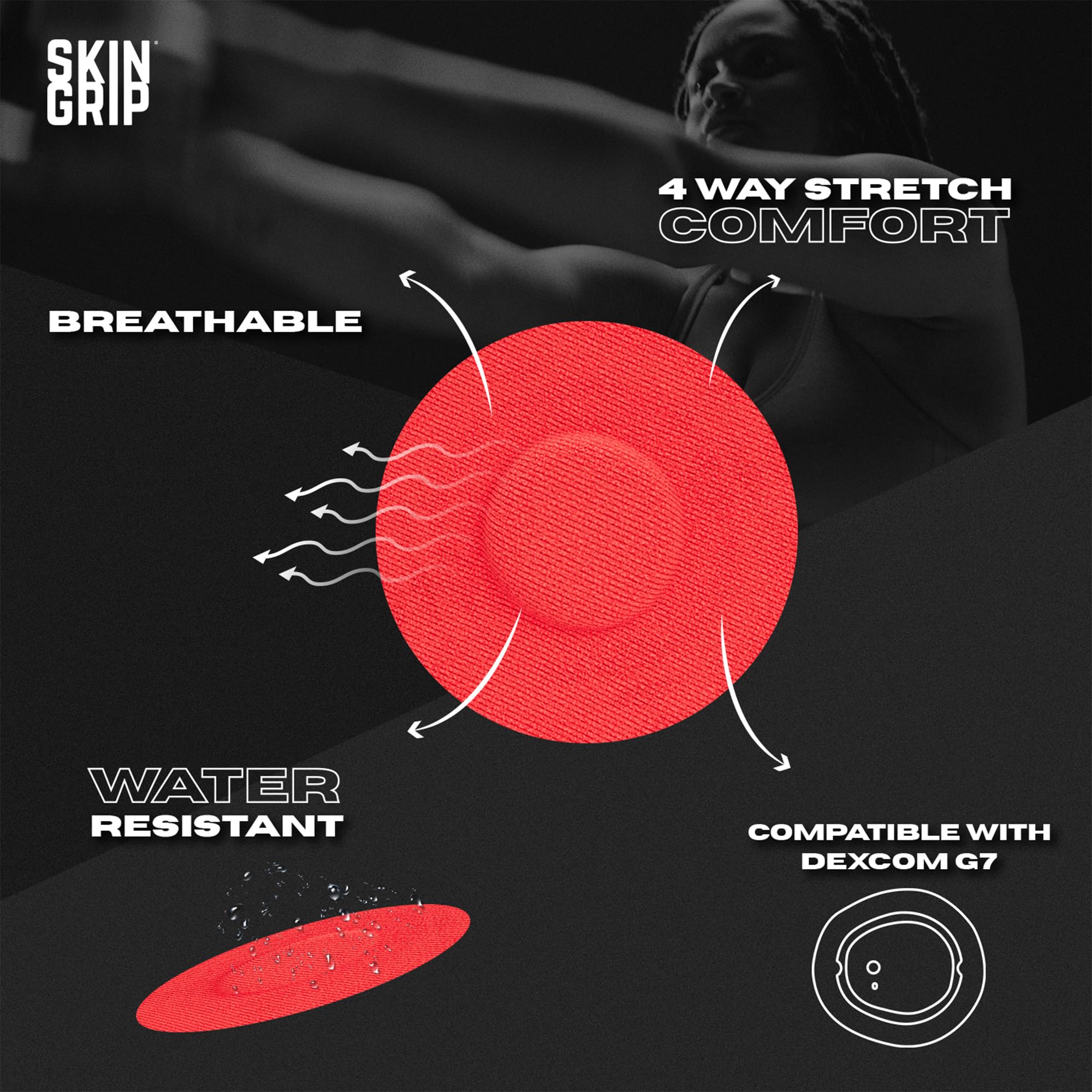 Skin Grip Dexcom G7 patch on arm demonstrates secure attachment during daily activities.