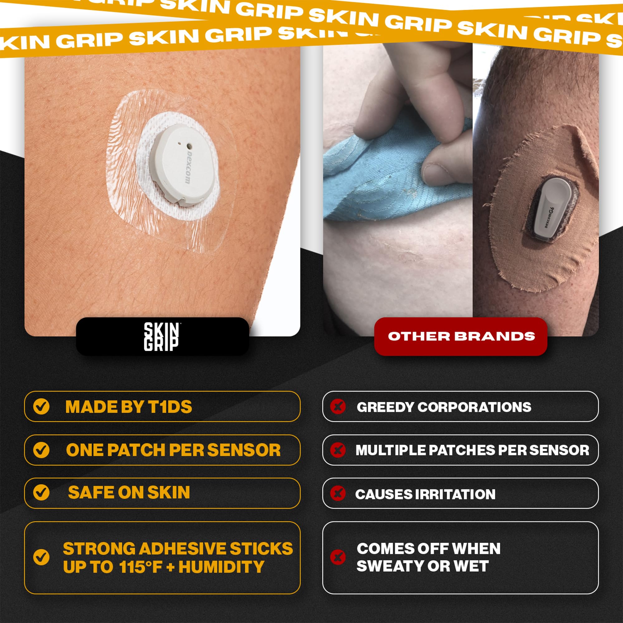 Skin Grip patch is pre-cut and easy to apply over Dexcom G7.
