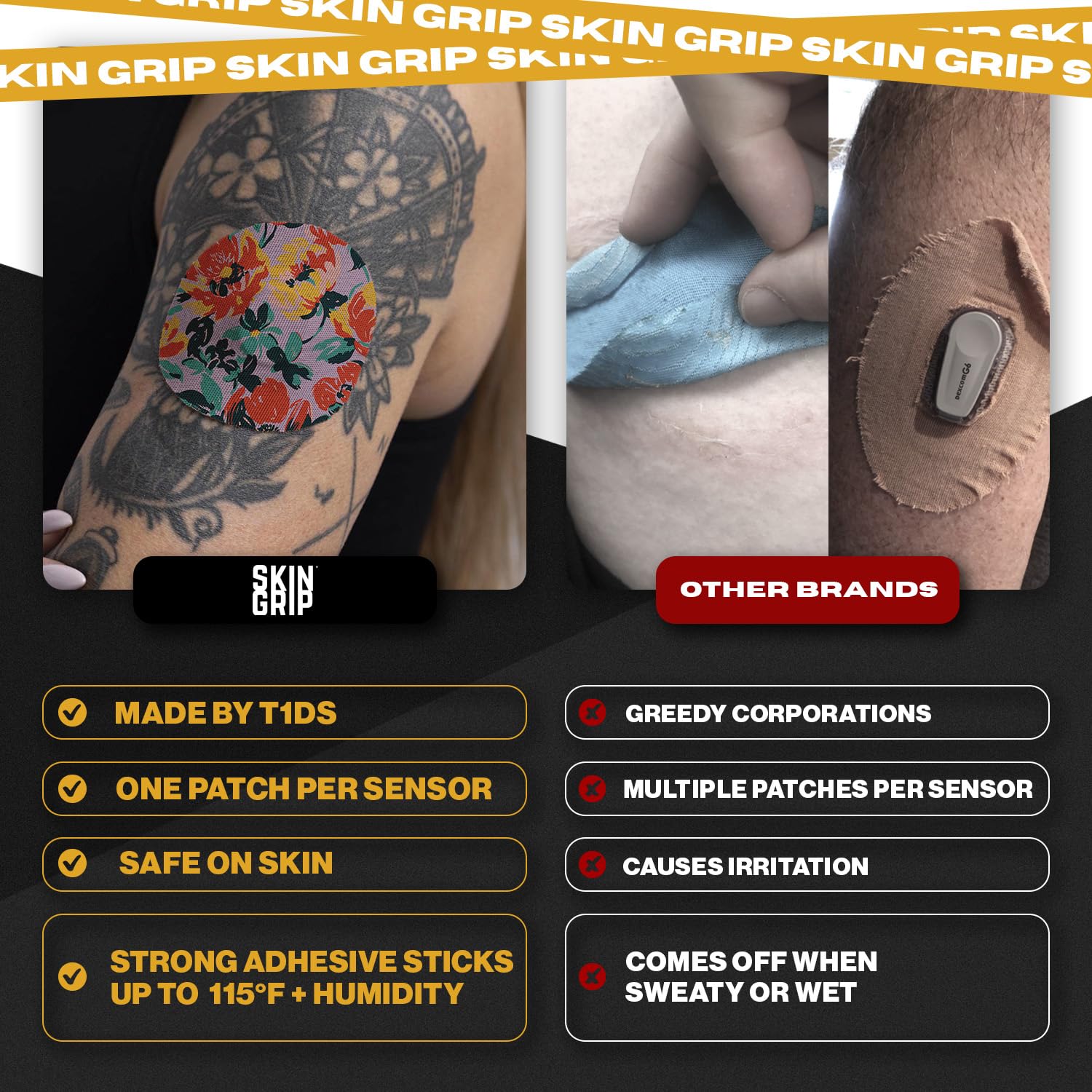 Skin Grip shower-proof patch keeps CGM secure during showers.