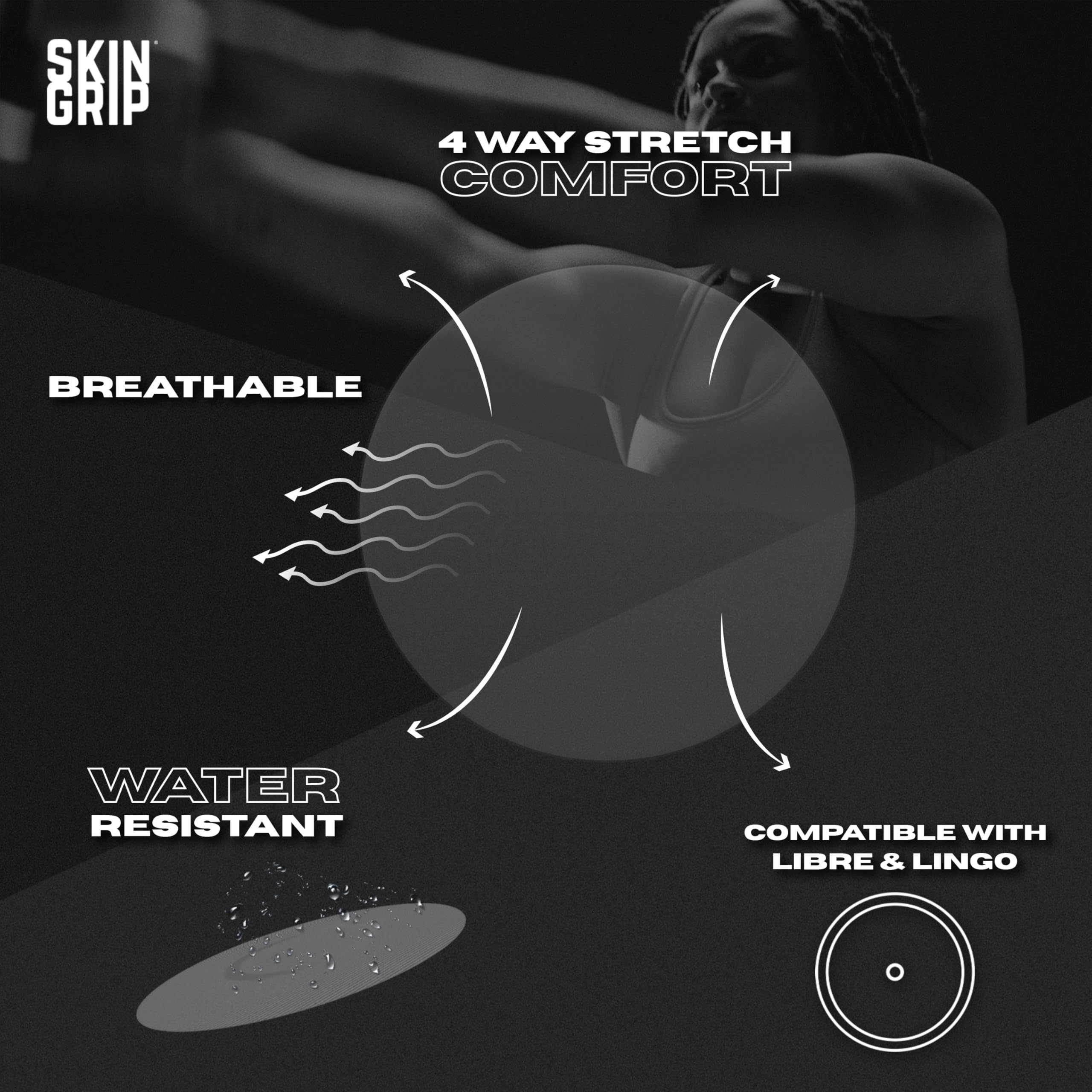 Skin Grip application close-up shows easy 4-way stretch for precise patch alignment.