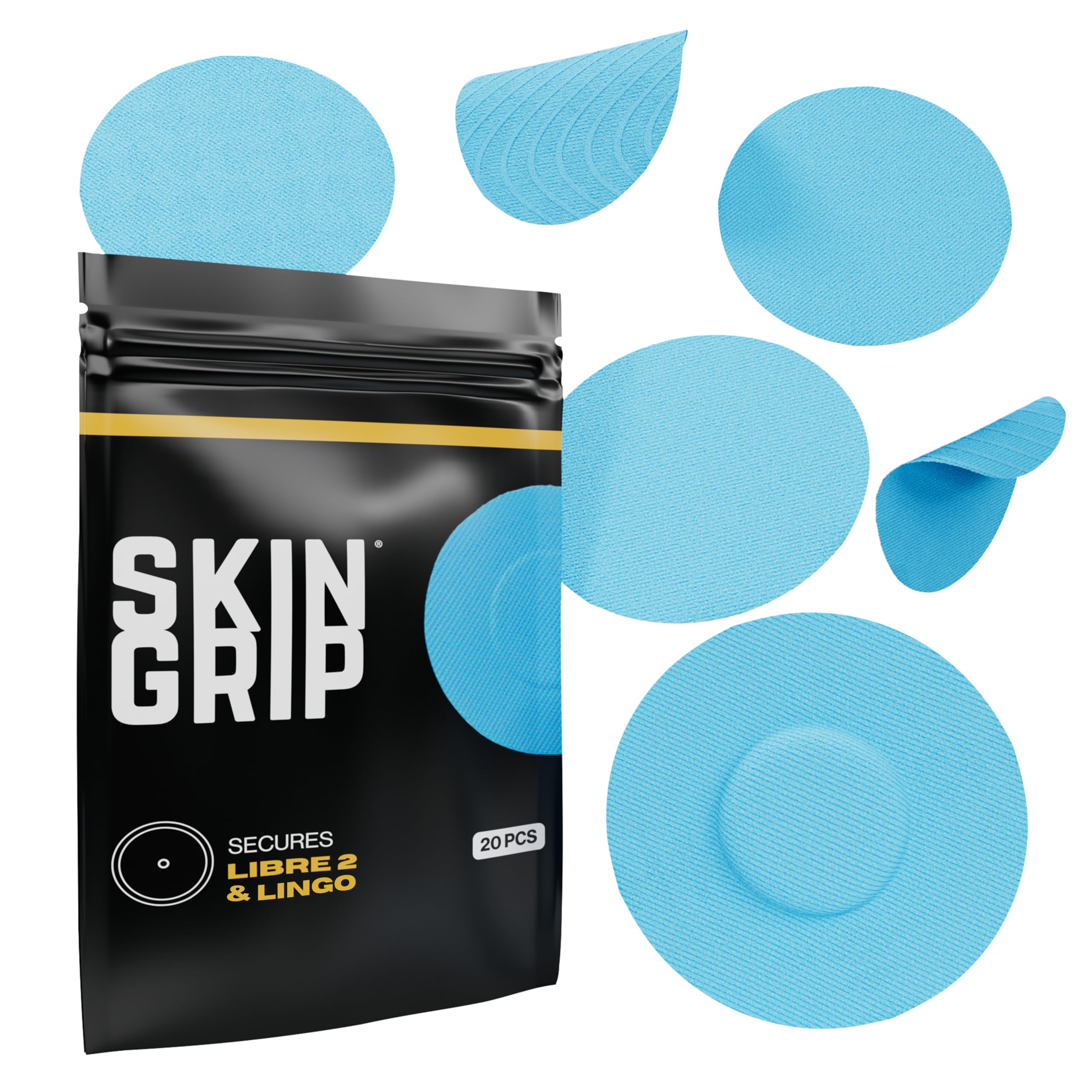 Skin Grip patch in blue showing waterproof adhesive for secure sensor during showers