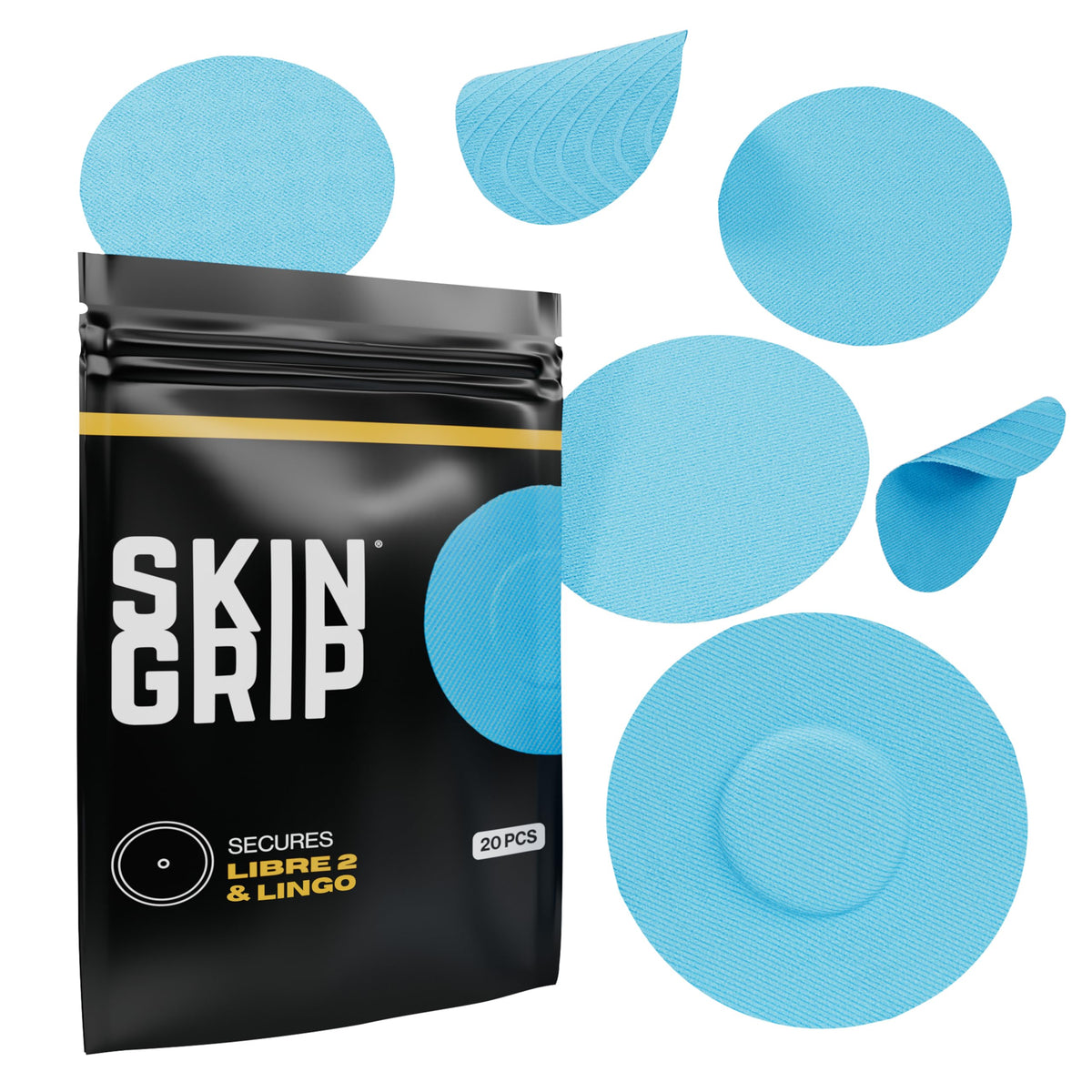 Skin Grip patch in blue showing waterproof adhesive for secure sensor during showers