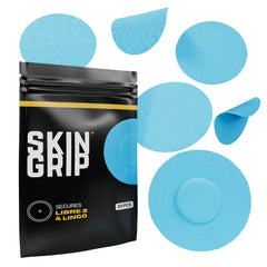 Skin Grip patch in blue showing waterproof adhesive for secure sensor during showers