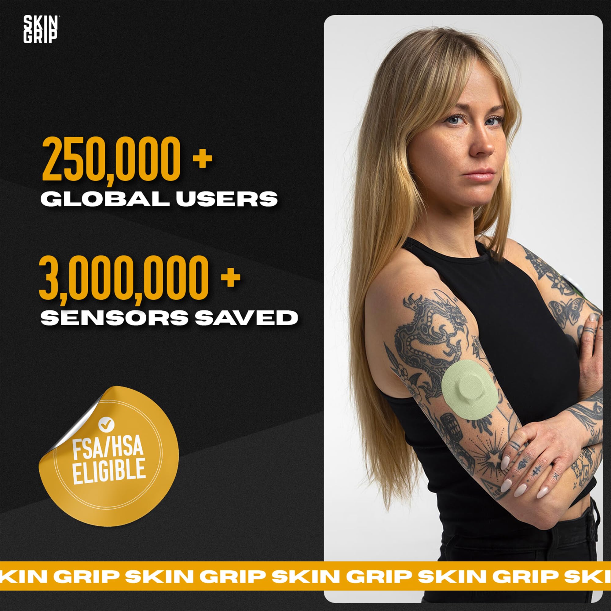 Skin Grip Freestyle Libre 2 waterproof adhesive stays on through showers and swimming.