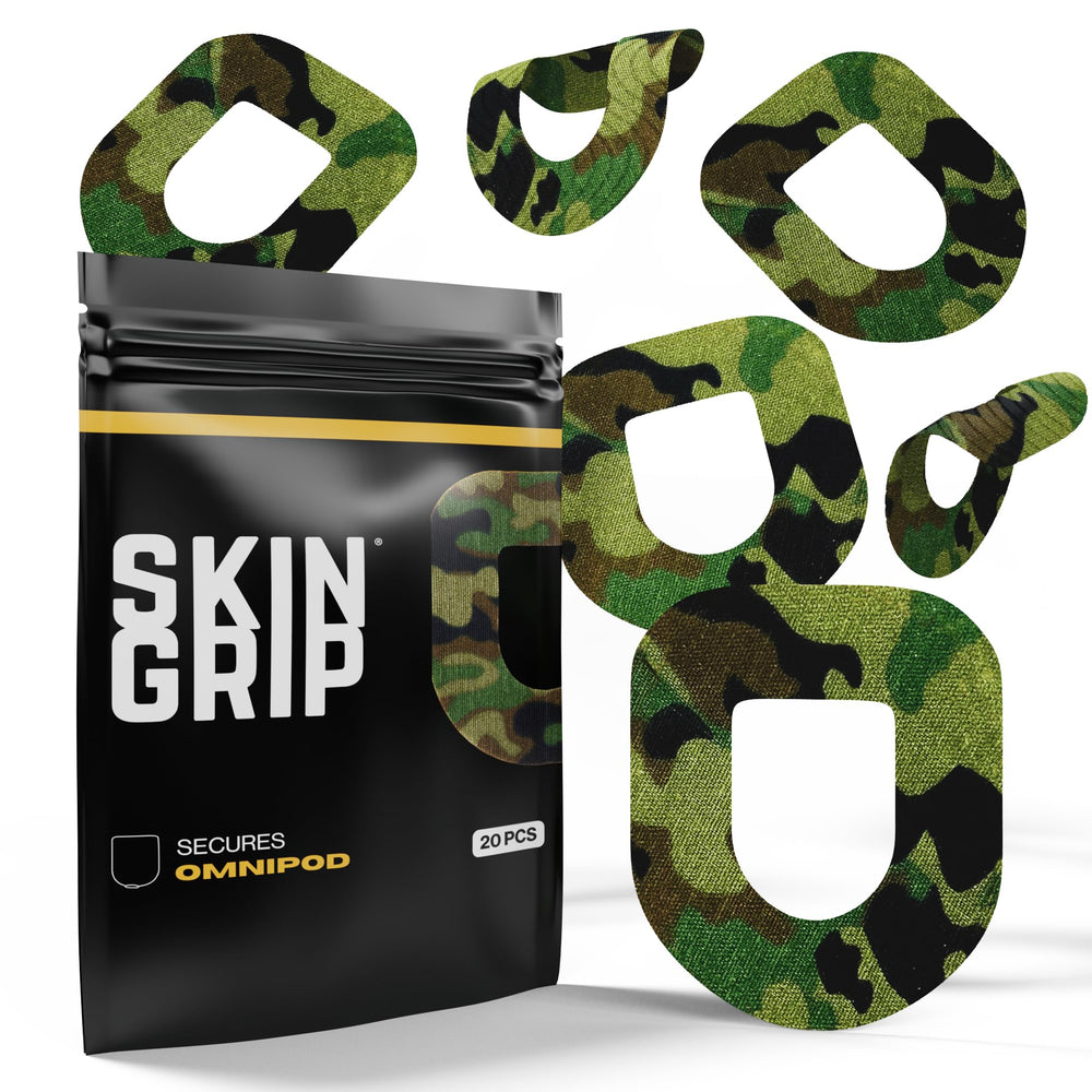Skin Grip Insulet Omnipod 5 patch in camo closeup showing secure, long-lasting wear.