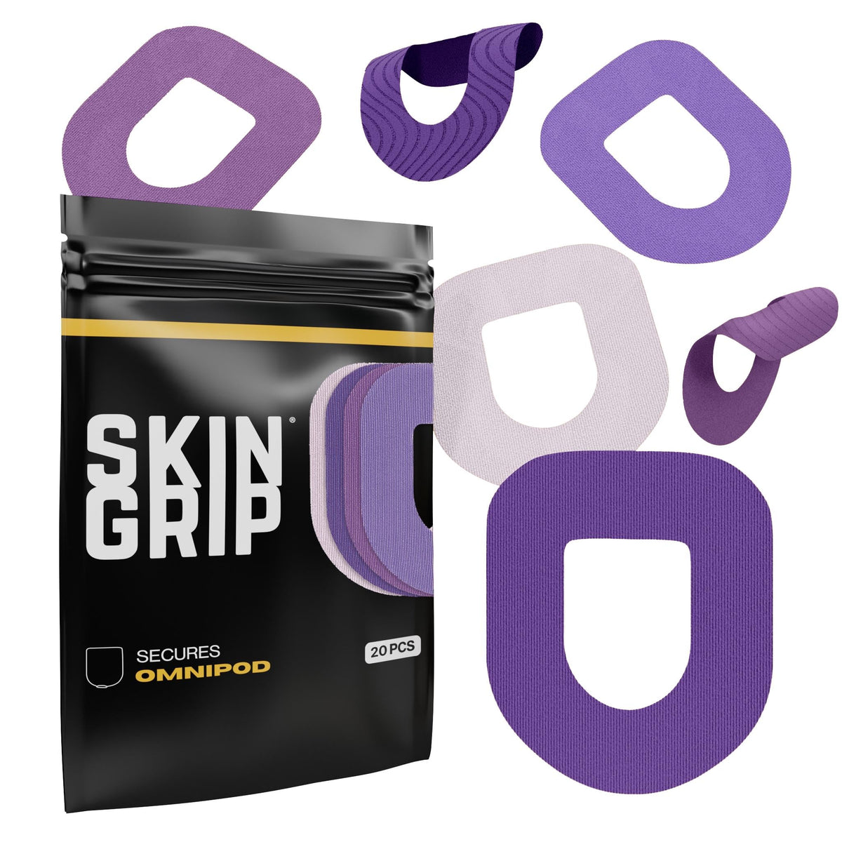 Skin Grip Insulet Omnipod 5 patch shown waterproof coverage for showers and swimming.