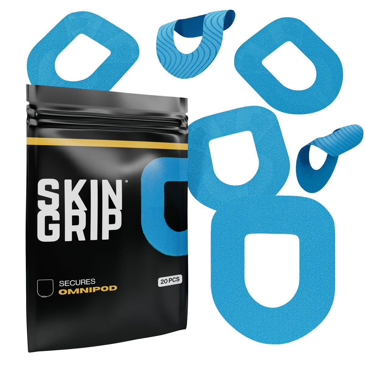 Skin Grip Insulet patch blue close-up shows secure attachment for all-day wear.